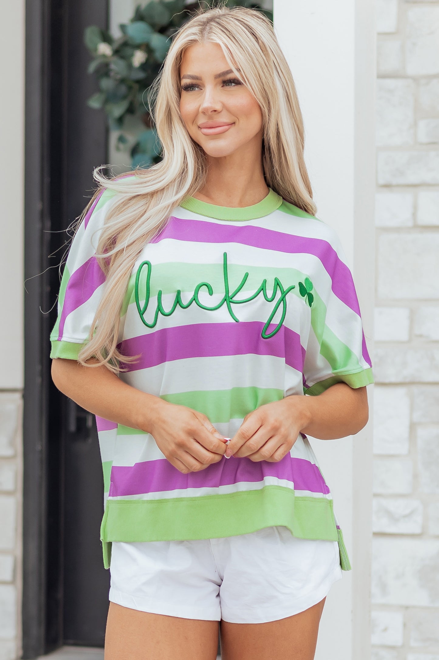 Green Stripe Lucky Clover Embroidered Graphic Dolman Loose Tee-Tops/Tops & Tees-[Adult]-[Female]-2022 Online Blue Zone Planet