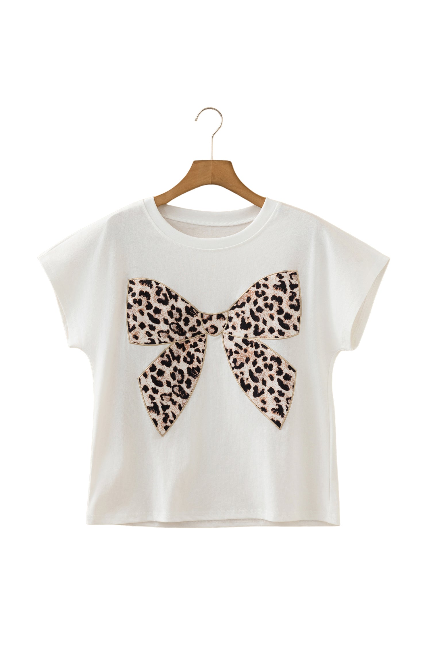 White Leopard Bow Embroidered Cotton Round Neck T Shirt-Tops/Tops & Tees-[Adult]-[Female]-2022 Online Blue Zone Planet