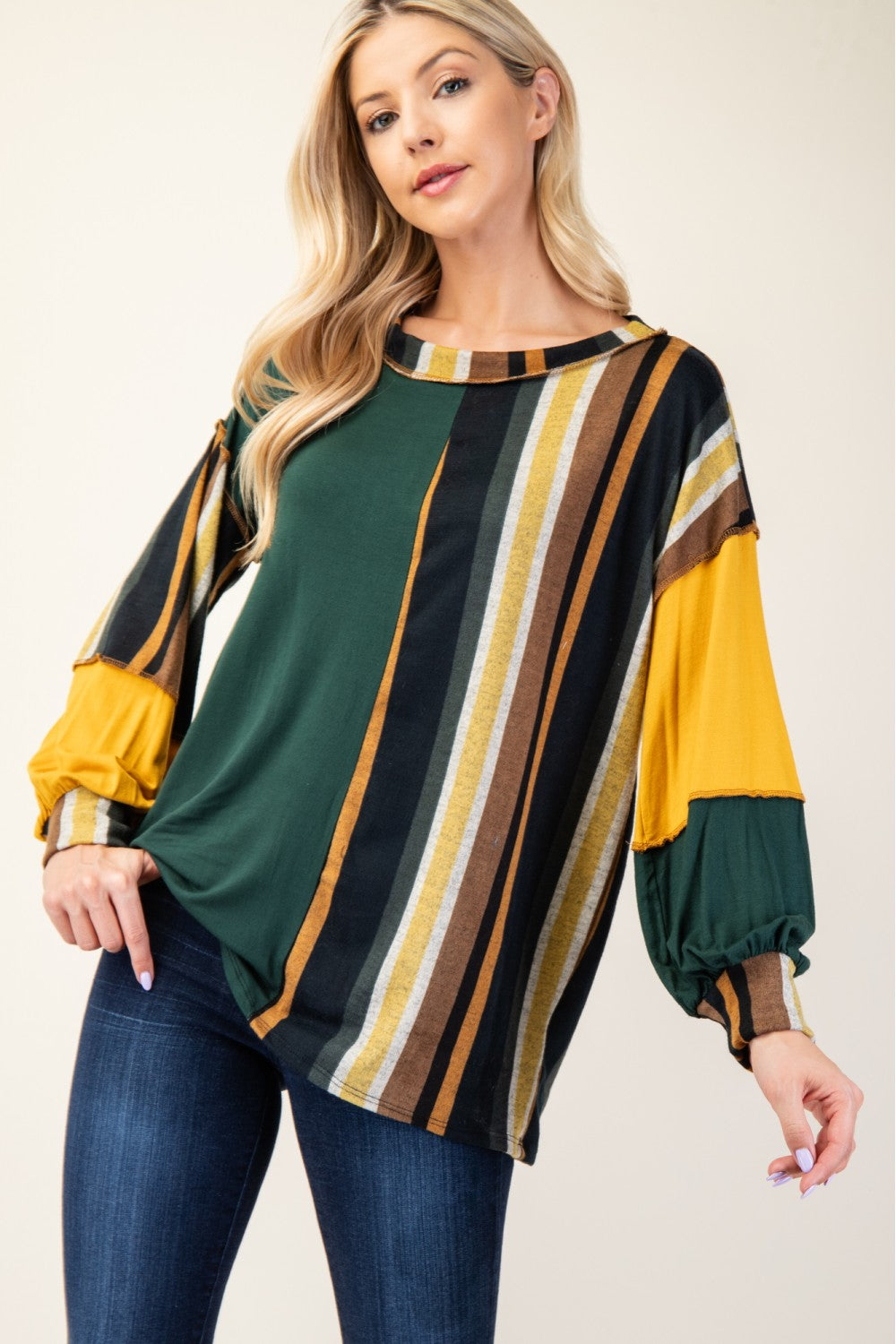 Celeste Full Size Striped Color Block Exposed Seam T-Shirt-TOPS / DRESSES-[Adult]-[Female]-2022 Online Blue Zone Planet