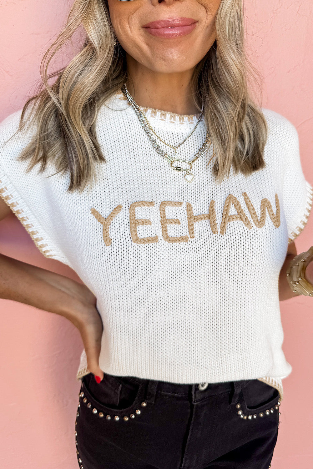 White Knitted Yeehaw Stitch Edge Crew Neck Sweater T Shirt-Sweaters & Cardigans/Short Sleeve Sweaters-[Adult]-[Female]-White-S-2022 Online Blue Zone Planet