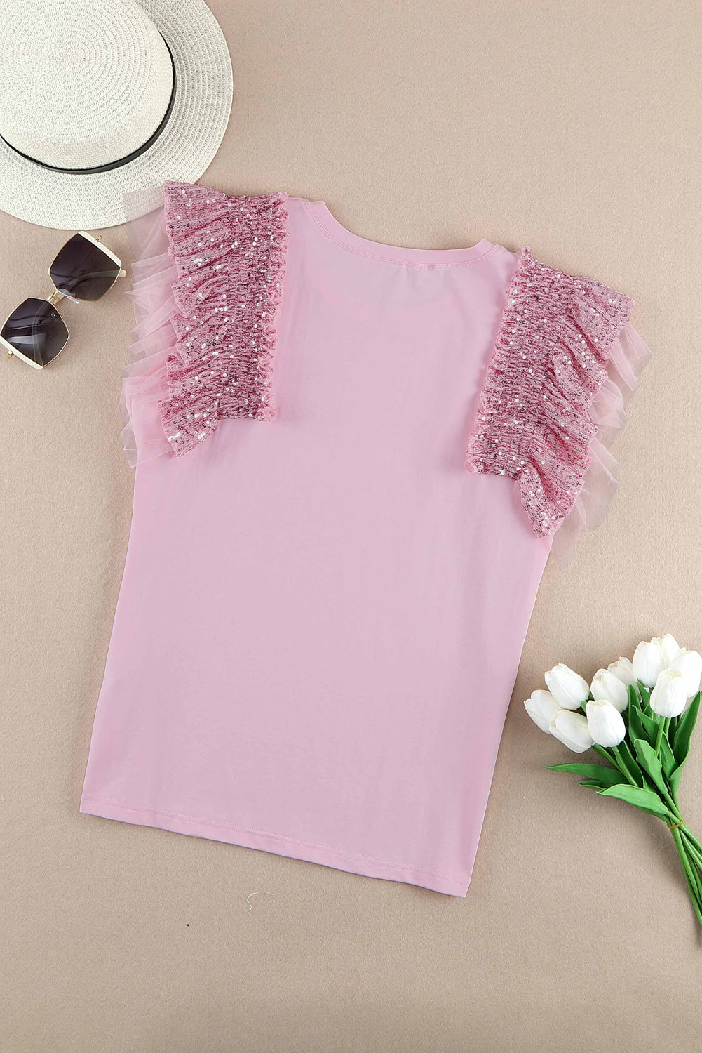 Pink Sequined Ruffle Mesh Sleeves Top-Sale (50% OFF)/30% OFF-[Adult]-[Female]-2022 Online Blue Zone Planet