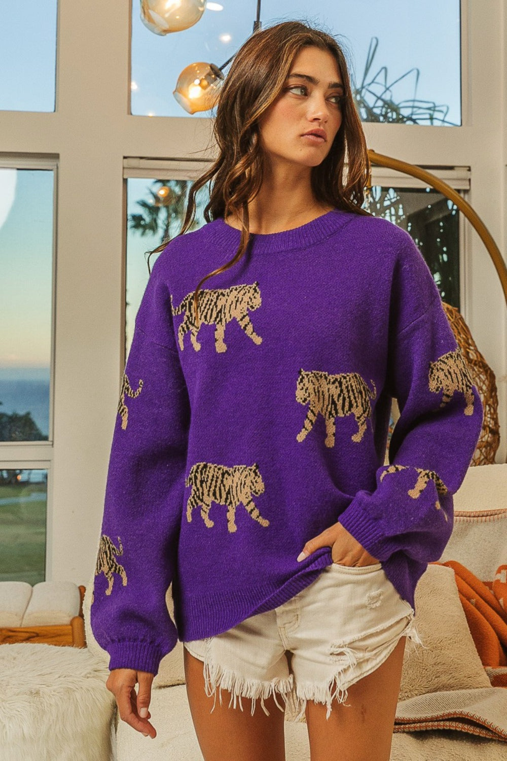 BiBi Tiger Pattern Long Sleeve Sweater-TOPS / DRESSES-[Adult]-[Female]-2022 Online Blue Zone Planet