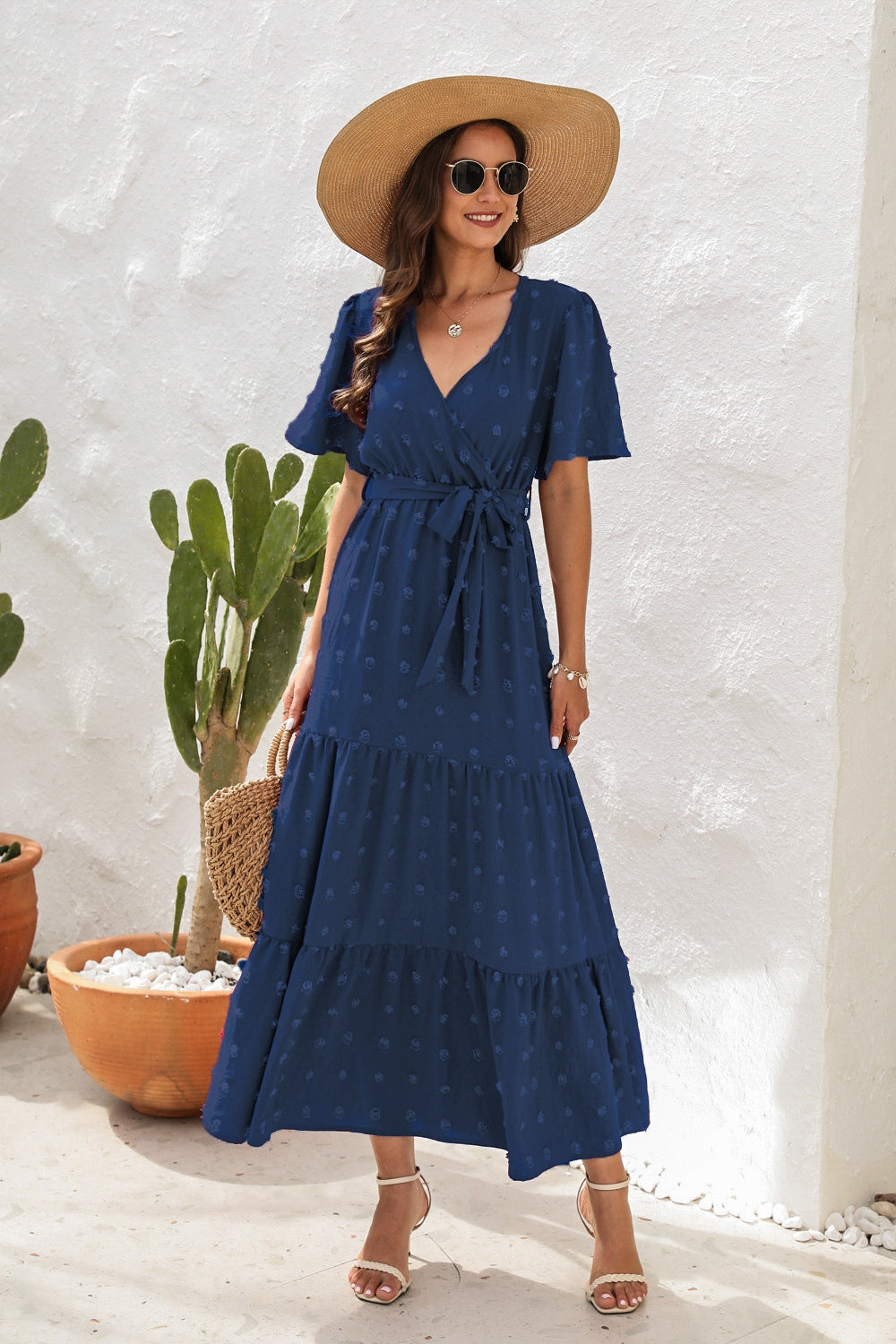 navy blue swiss dot dress Navy Blue Chiffon Brasso Swiss Dot V-Neck Dress ElinaFashion.com