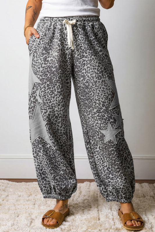 Gray Leopard Print Star Patched Drawstring Elastic Waist Jogger Pants-Bottoms/Pants & Culotte-[Adult]-[Female]-Gray-S-2022 Online Blue Zone Planet