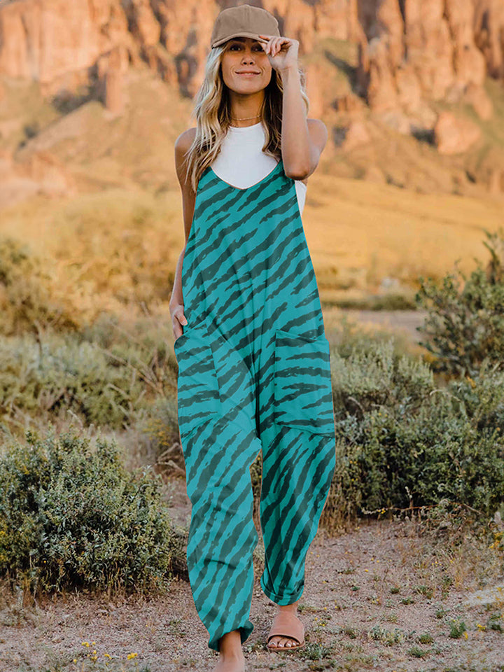 Full Size Printed V-Neck Sleeveless Jumpsuit-BOTTOMS SIZES SMALL MEDIUM LARGE-[Adult]-[Female]-Aqua-S-2022 Online Blue Zone Planet