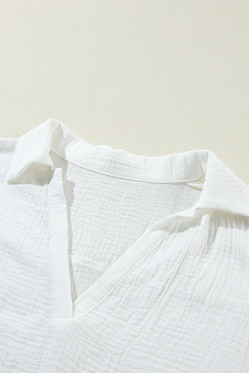 White Crinkled Lace Splicing Sleeve Collared V Neck Blouse-Tops/Blouses & Shirts-[Adult]-[Female]-2022 Online Blue Zone Planet