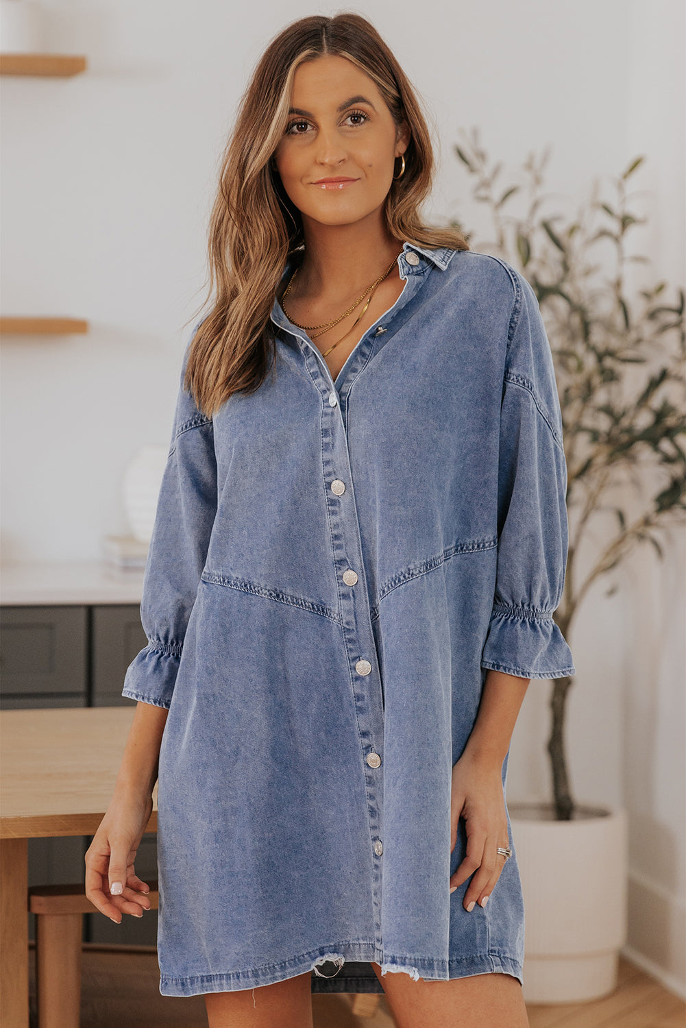 Blue Zone Planet | Sky Blue Buttoned Long Sleeve Denim Mini Dress-TOPS / DRESSES-[Adult]-[Female]-2022 Online Blue Zone Planet