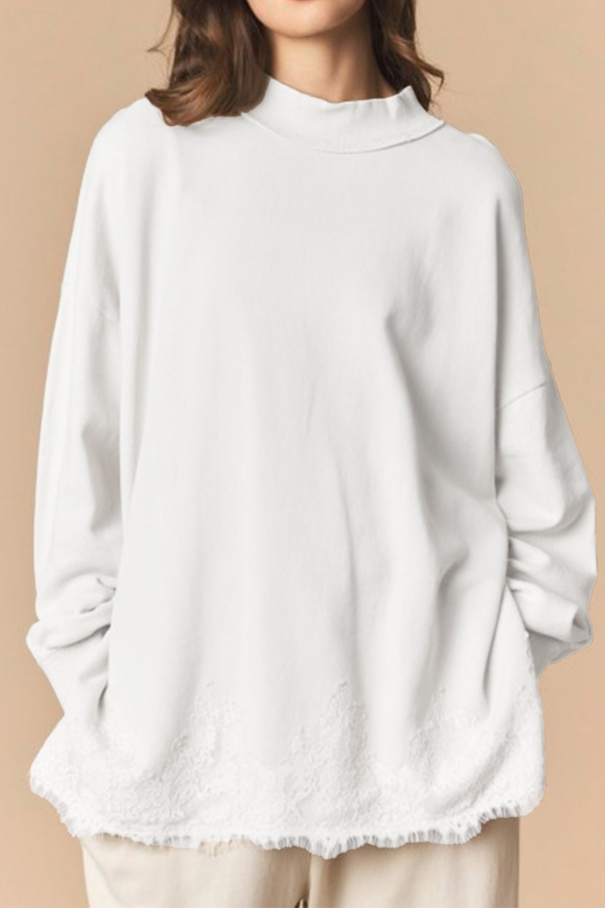 Fushia Solid Color Lace Splicing Hem Mock Neck Pullover Sweatshirt-Tops/Sweatshirts & Hoodies-[Adult]-[Female]-2022 Online Blue Zone Planet