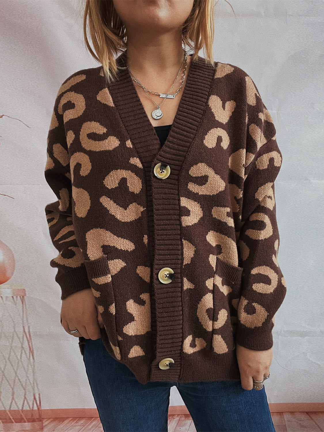 Leopard Button Front Cardigan with Pockets-TOPS / DRESSES-[Adult]-[Female]-Chestnut-S-2022 Online Blue Zone Planet