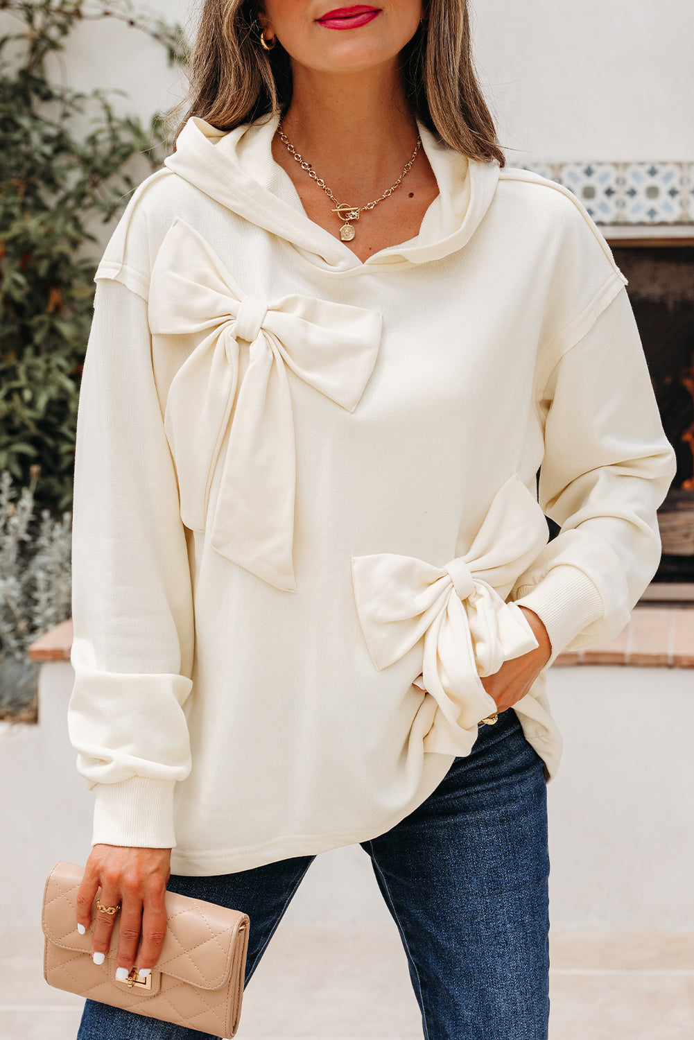 White Solid Color Cute Bow Detail Loose Hoodie-Tops / Dresses-[Adult]-[Female]-2022 Online Blue Zone Planet