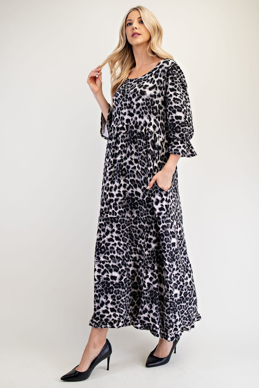 Blue Zone Planet | Celeste Full Size Leopard Round Neck Flounce Sleeve Dress-TOPS / DRESSES-[Adult]-[Female]-2022 Online Blue Zone Planet