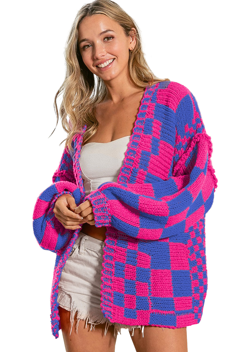 Multicolor Plaid Open Front Knitted Cardigan-Cardigans-[Adult]-[Female]-2022 Online Blue Zone Planet