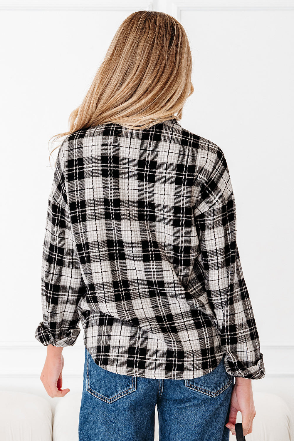 Black Plaid Print Chest Pockets Buttoned Shirt-Tops/Blouses & Shirts-[Adult]-[Female]-2022 Online Blue Zone Planet