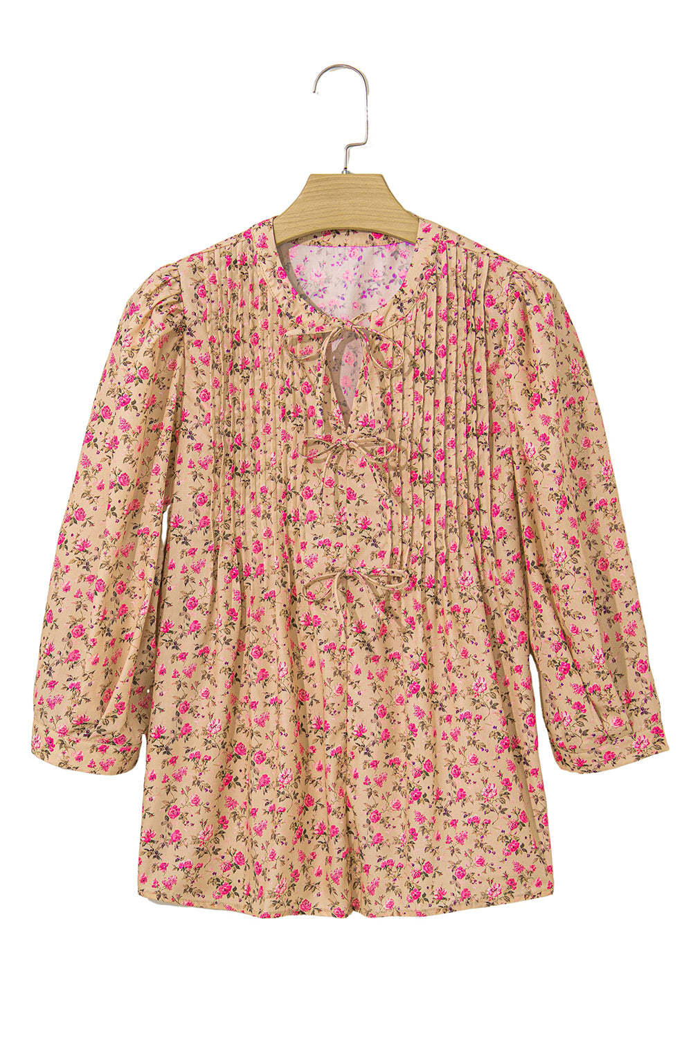 Light French Beige Floral Print Bow Pintuck Bust Half Puff Sleeve Blouse Top-Tops/Blouses & Shirts-[Adult]-[Female]-2022 Online Blue Zone Planet