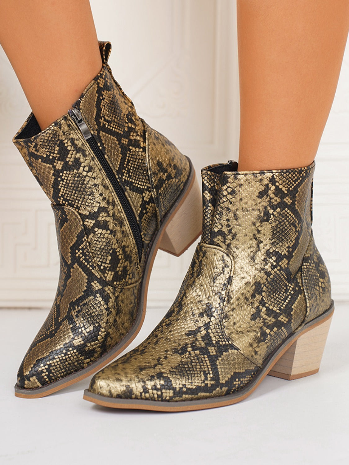 PU Leather Snakeskin Print Block Heel Boots-BOOTS-[Adult]-[Female]-Gold-35(US4)-2022 Online Blue Zone Planet