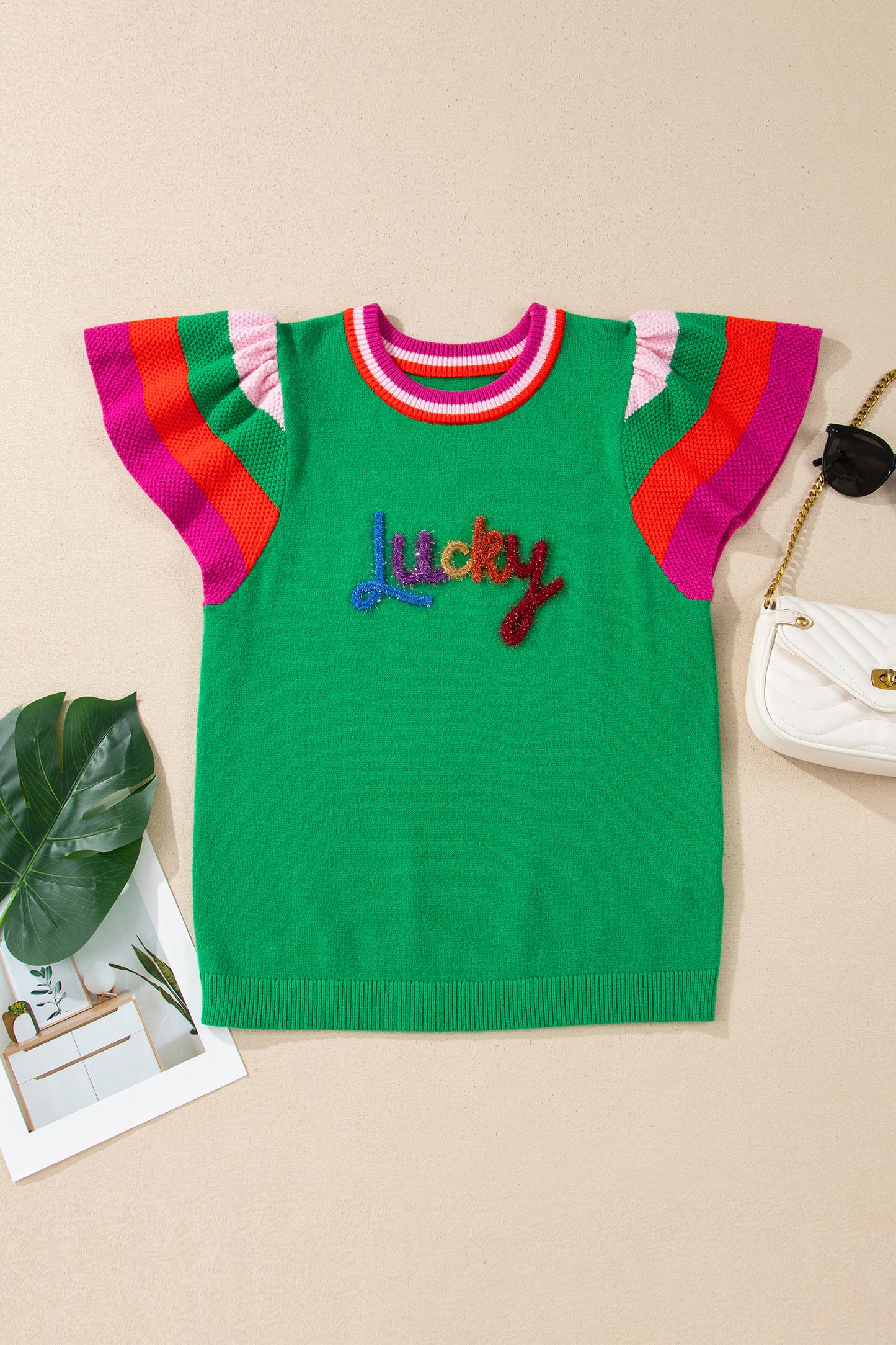 Bright Green Shiny Lucky Striped Flutter Sleeve Round Neck Sweater-TOPS / DRESSES-[Adult]-[Female]-2022 Online Blue Zone Planet