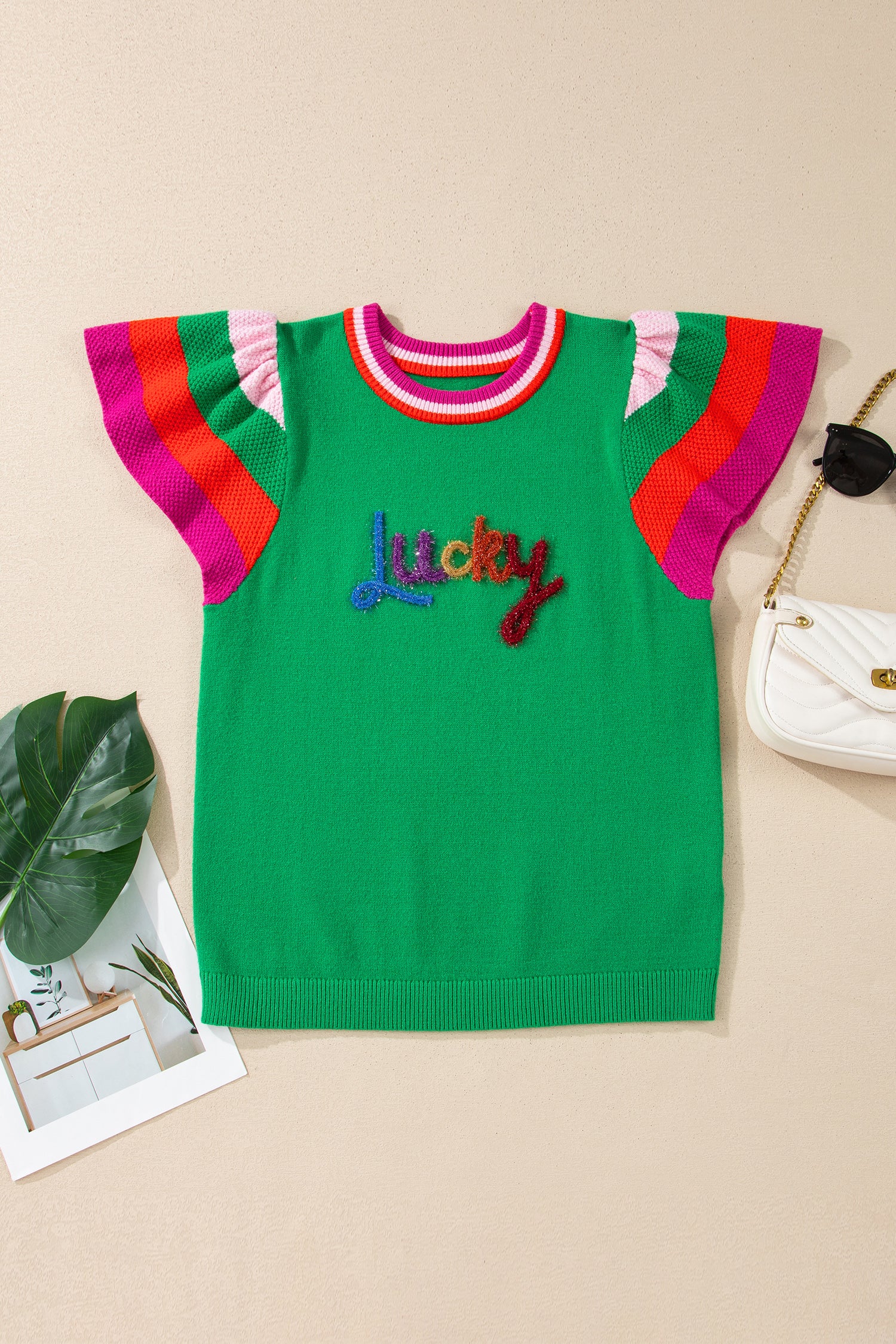 Bright Green Shiny Lucky Striped Flutter Sleeve Round Neck Sweater-TOPS / DRESSES-[Adult]-[Female]-2022 Online Blue Zone Planet