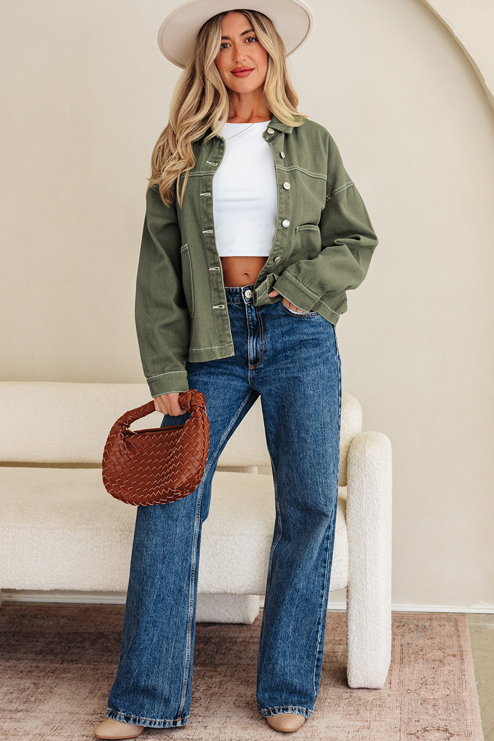 Smoke Green Patched Pocket Collared Button Front Boyfriend Denim Jacket-Outerwear/Denim jackets-[Adult]-[Female]-2022 Online Blue Zone Planet