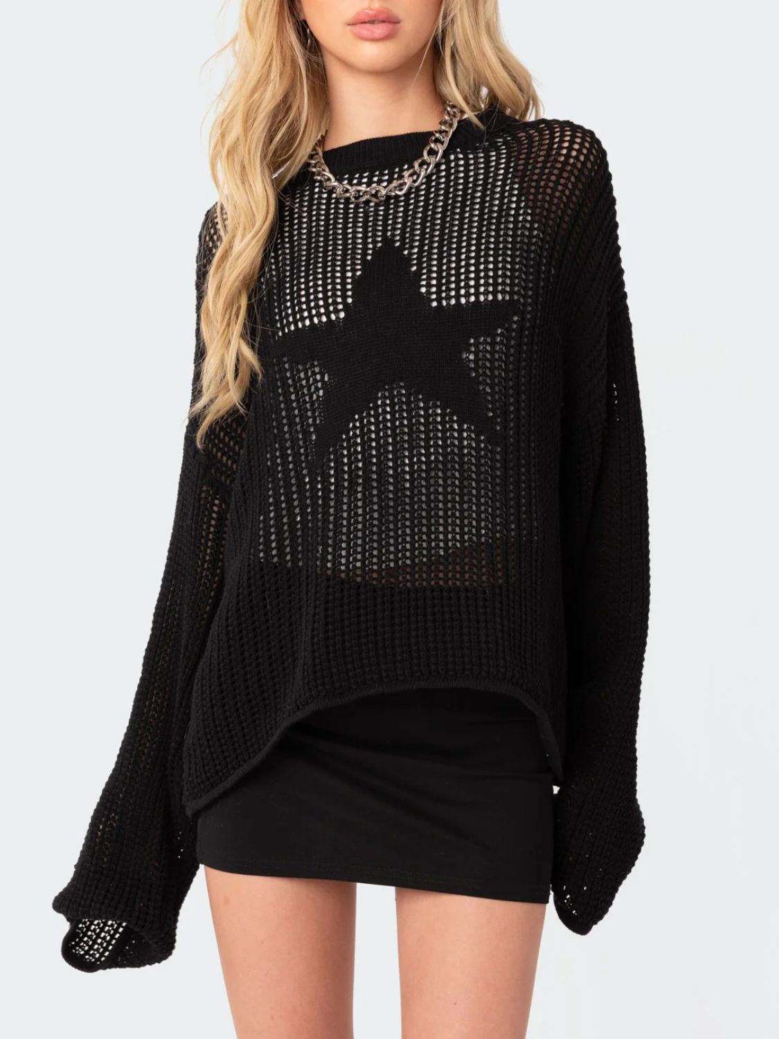 Star Round Neck Long Sleeve Knit Top-TOPS / DRESSES-[Adult]-[Female]-Black-One Size-2022 Online Blue Zone Planet