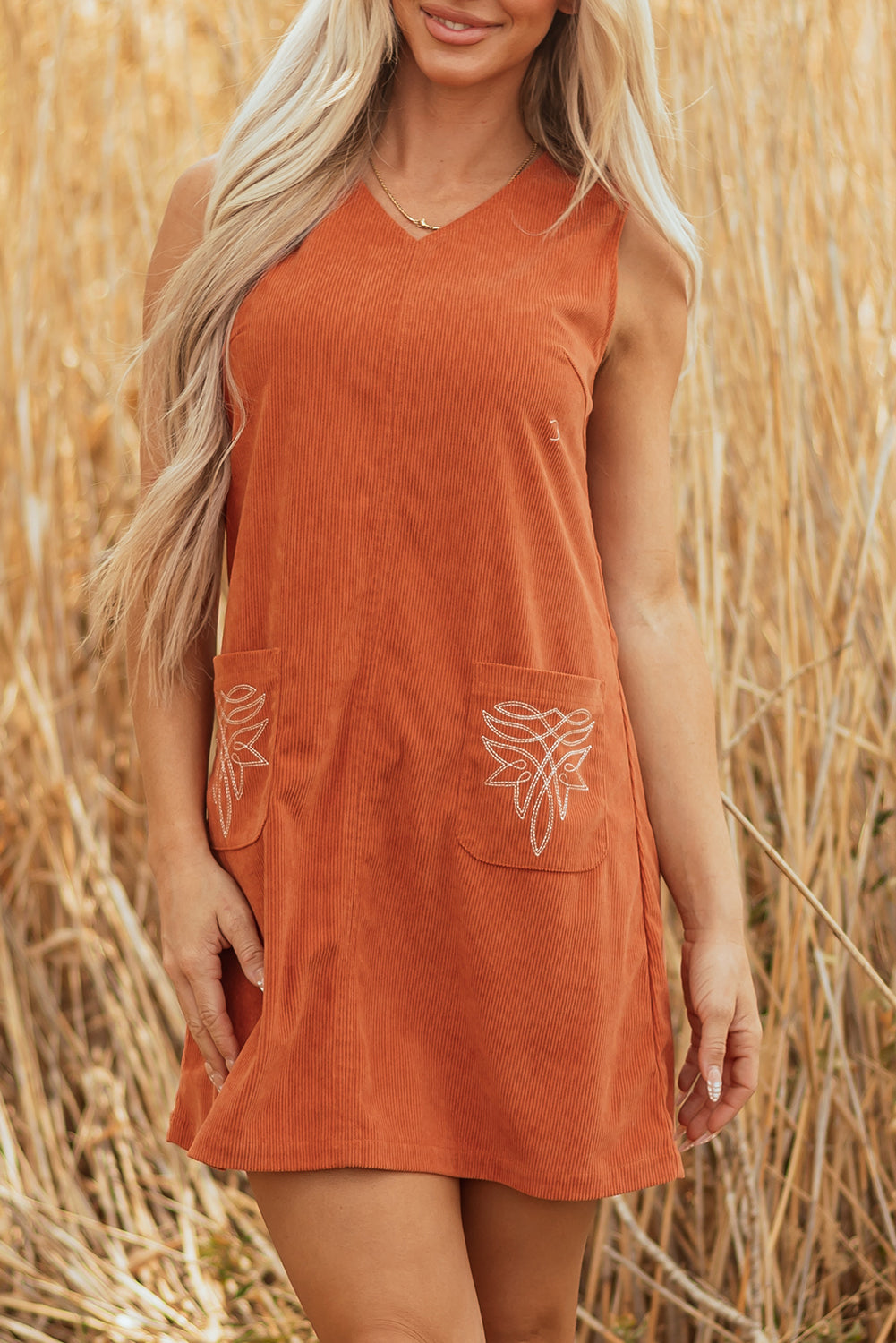 Gold Flame Corduroy Western Embroidered Patched Pocket Shift Sleeveless Mini Dress-Dresses/Mini Dresses-[Adult]-[Female]-2022 Online Blue Zone Planet