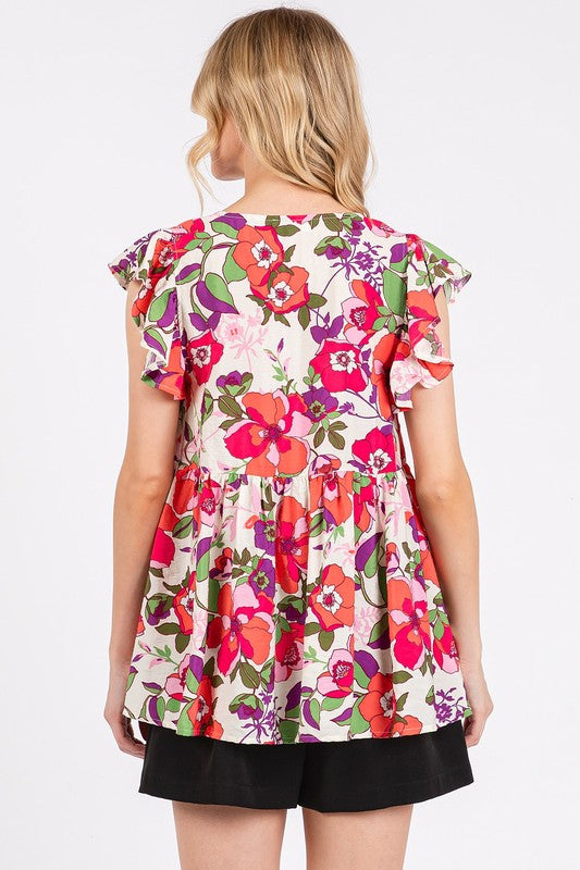 Mittoshop Floral V-Neck Ruffled Cap Sleeve Blouse-TOPS / DRESSES-[Adult]-[Female]-2022 Online Blue Zone Planet