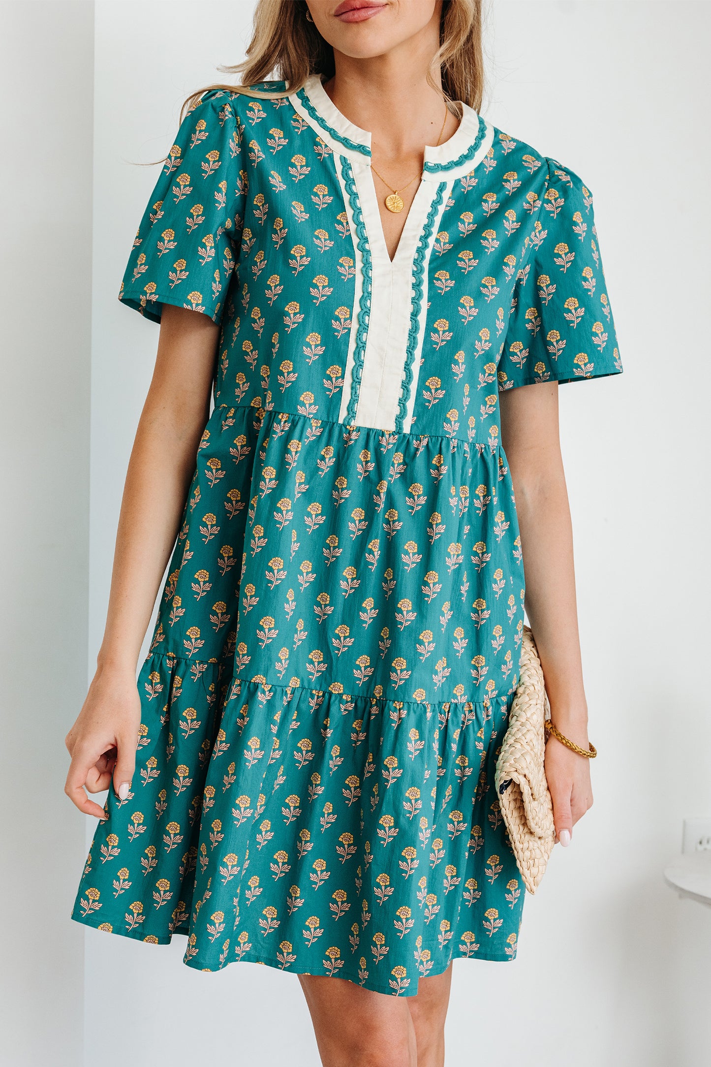 Green Contrast Trim V Neck Short Sleeve Floral Dress-TOPS / DRESSES-[Adult]-[Female]-2022 Online Blue Zone Planet