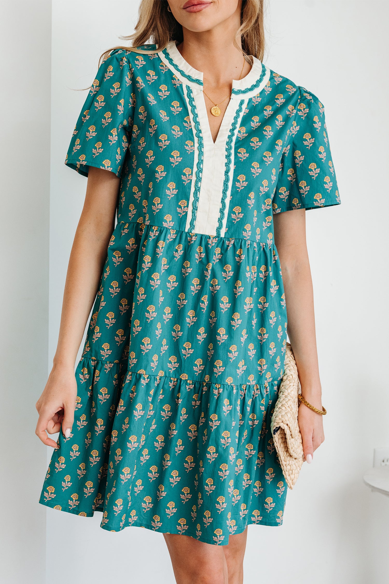 Green Contrast Trim V Neck Short Sleeve Floral Dress-TOPS / DRESSES-[Adult]-[Female]-2022 Online Blue Zone Planet