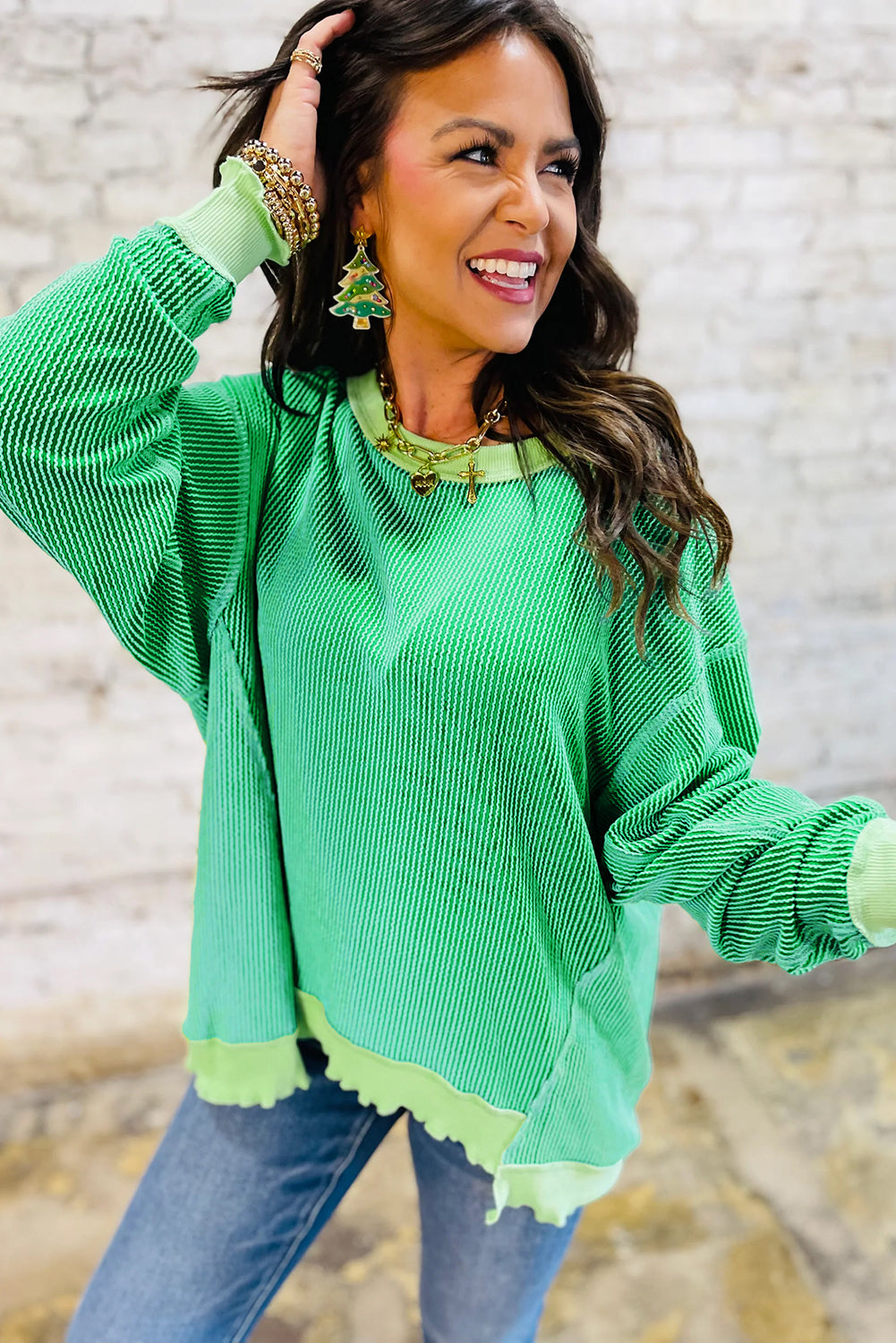Bright Green Twisted Rib Uneven Hem Drop Shoulder Loose Knit Top-Tops/Long Sleeve Tops-[Adult]-[Female]-2022 Online Blue Zone Planet