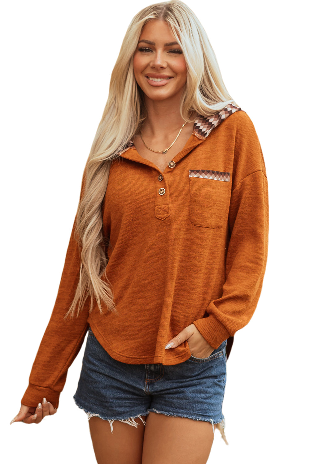 Straw Yellow Contrast Plaid Hood Patchwork Chest Pocket Henley Top-Tops / Dresses-[Adult]-[Female]-2022 Online Blue Zone Planet