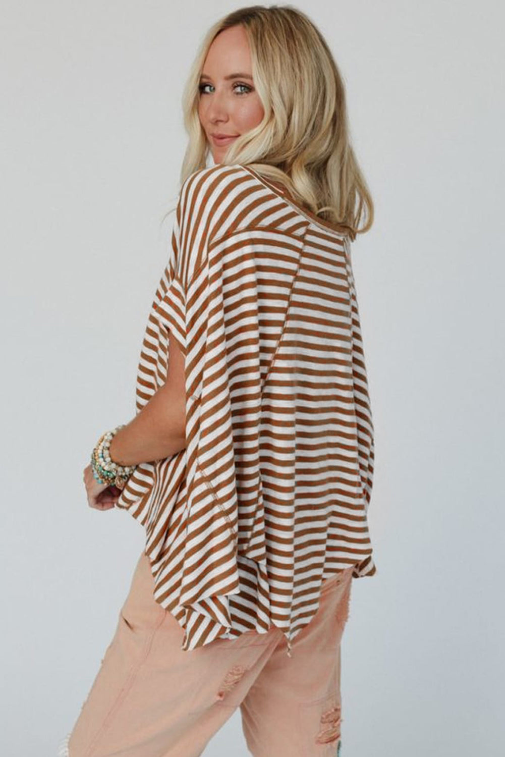 Khaki Striped Batwing Sleeve Oversized Top-Oversized T Shirt-[Adult]-[Female]-2022 Online Blue Zone Planet