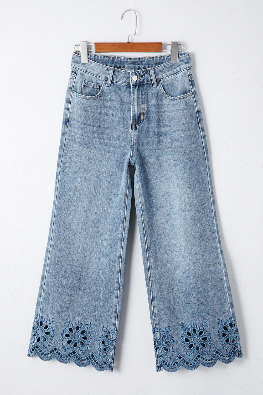 Dusk Blue Embroidered Cropped Wide Leg High Waist Jeans-Bottoms/Jeans-[Adult]-[Female]-2022 Online Blue Zone Planet