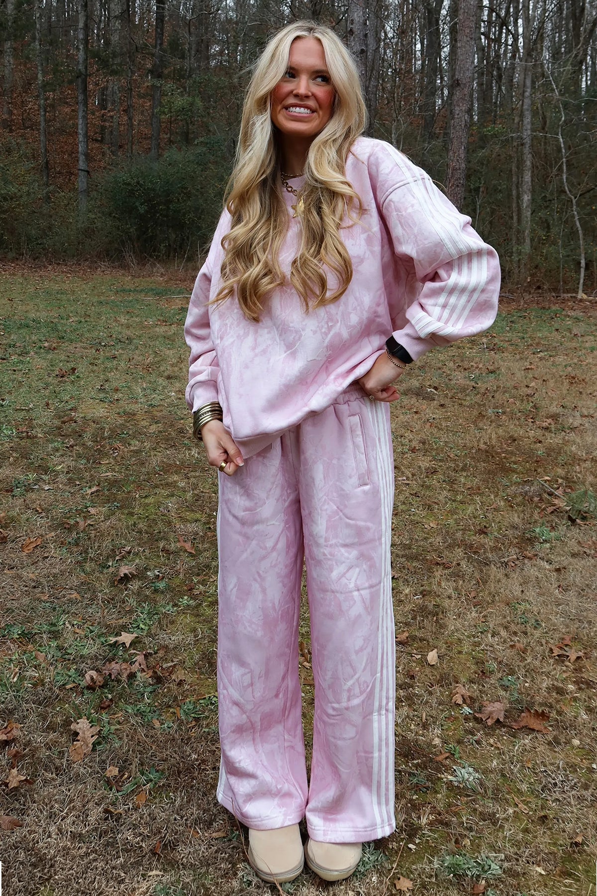 Pink Abstract Print Side Stripe Detail Long Sleeve Top Loose Pants Set