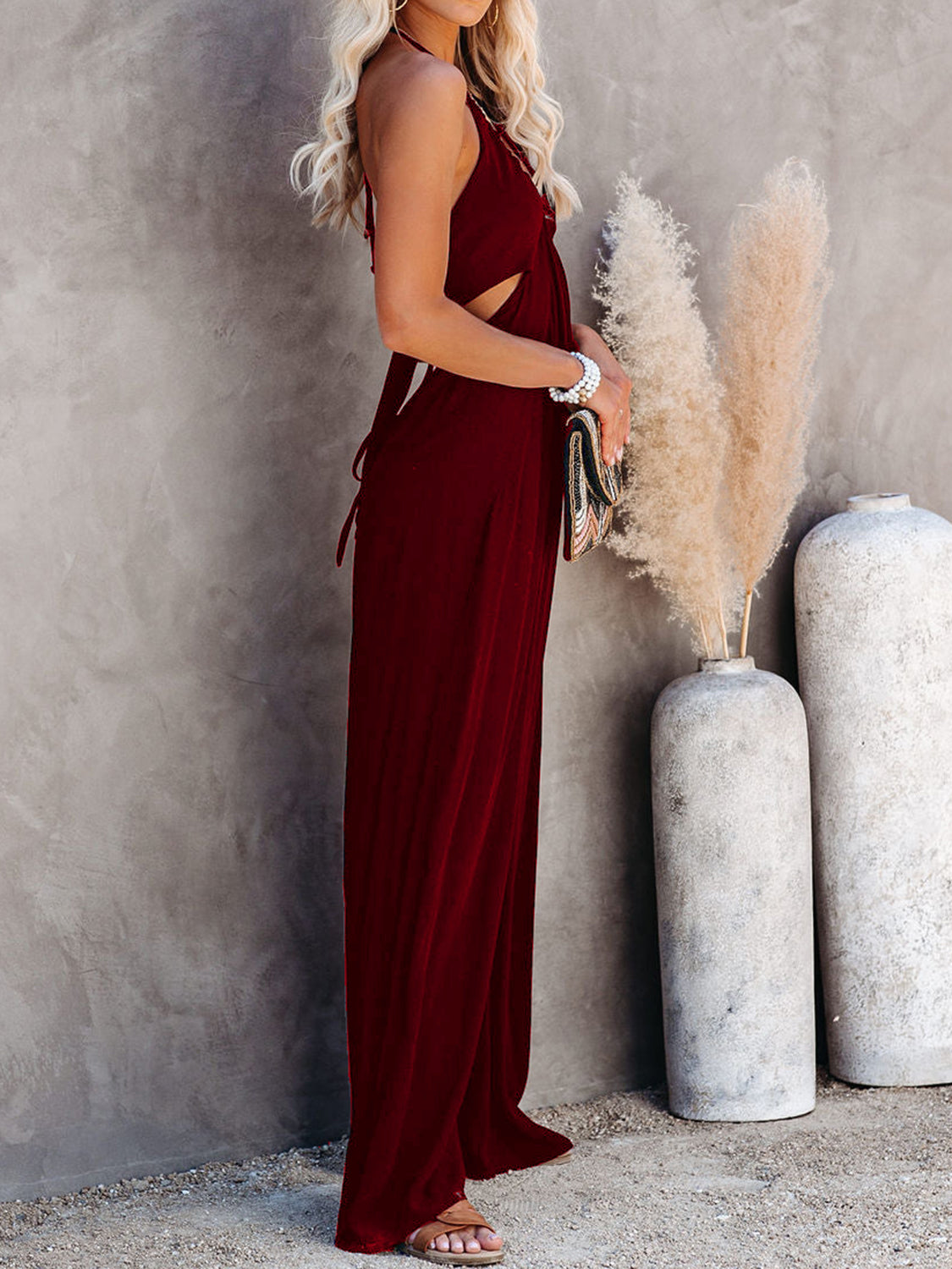 Halter Neck Wide Leg Jumpsuit-TOPS / DRESSES-[Adult]-[Female]-Burgundy-S-2022 Online Blue Zone Planet