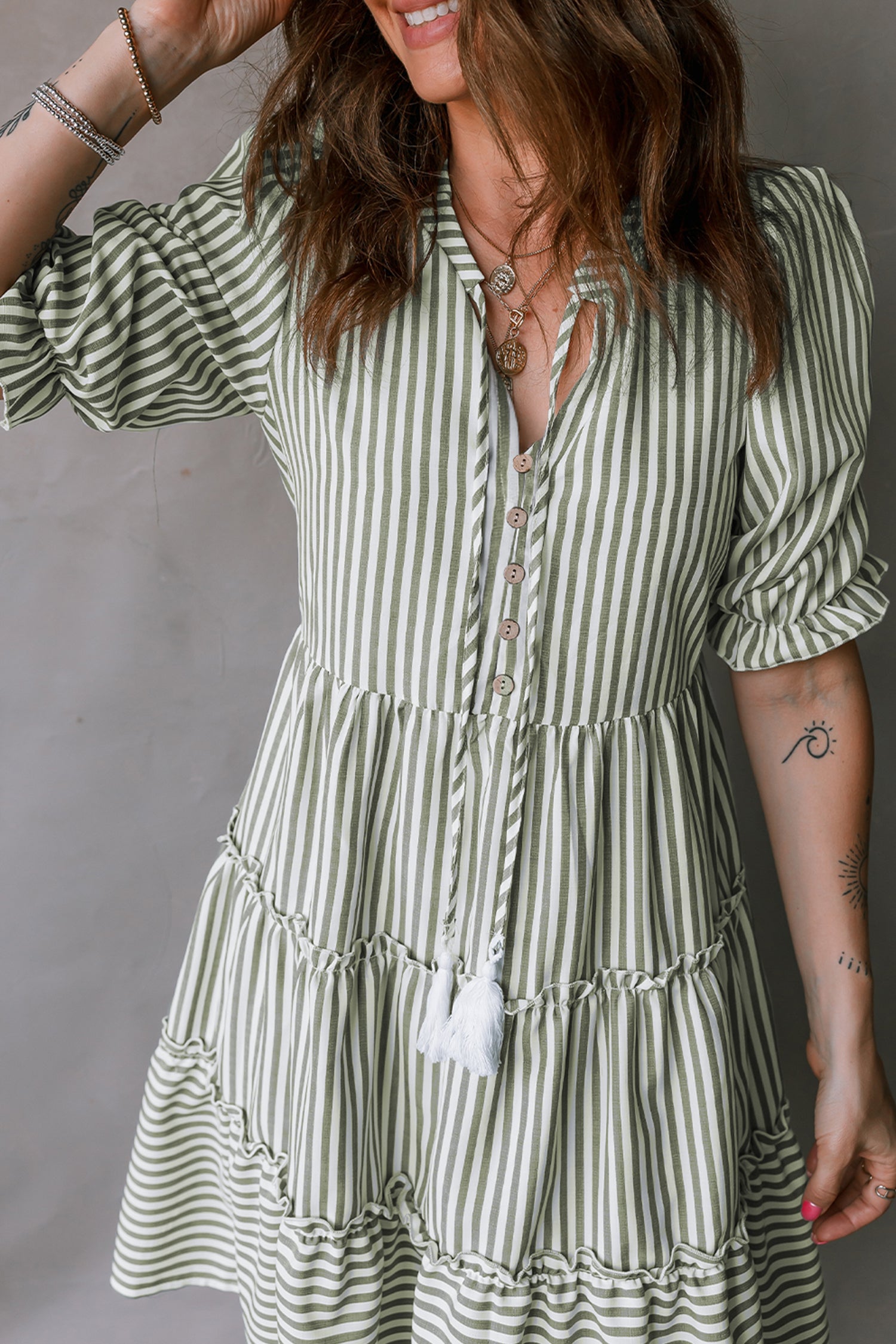 Green Stripe Tasseled Tie Neck Ruffled Short Sleeve Tiered Flattering Dress-TOPS / DRESSES-[Adult]-[Female]-2022 Online Blue Zone Planet