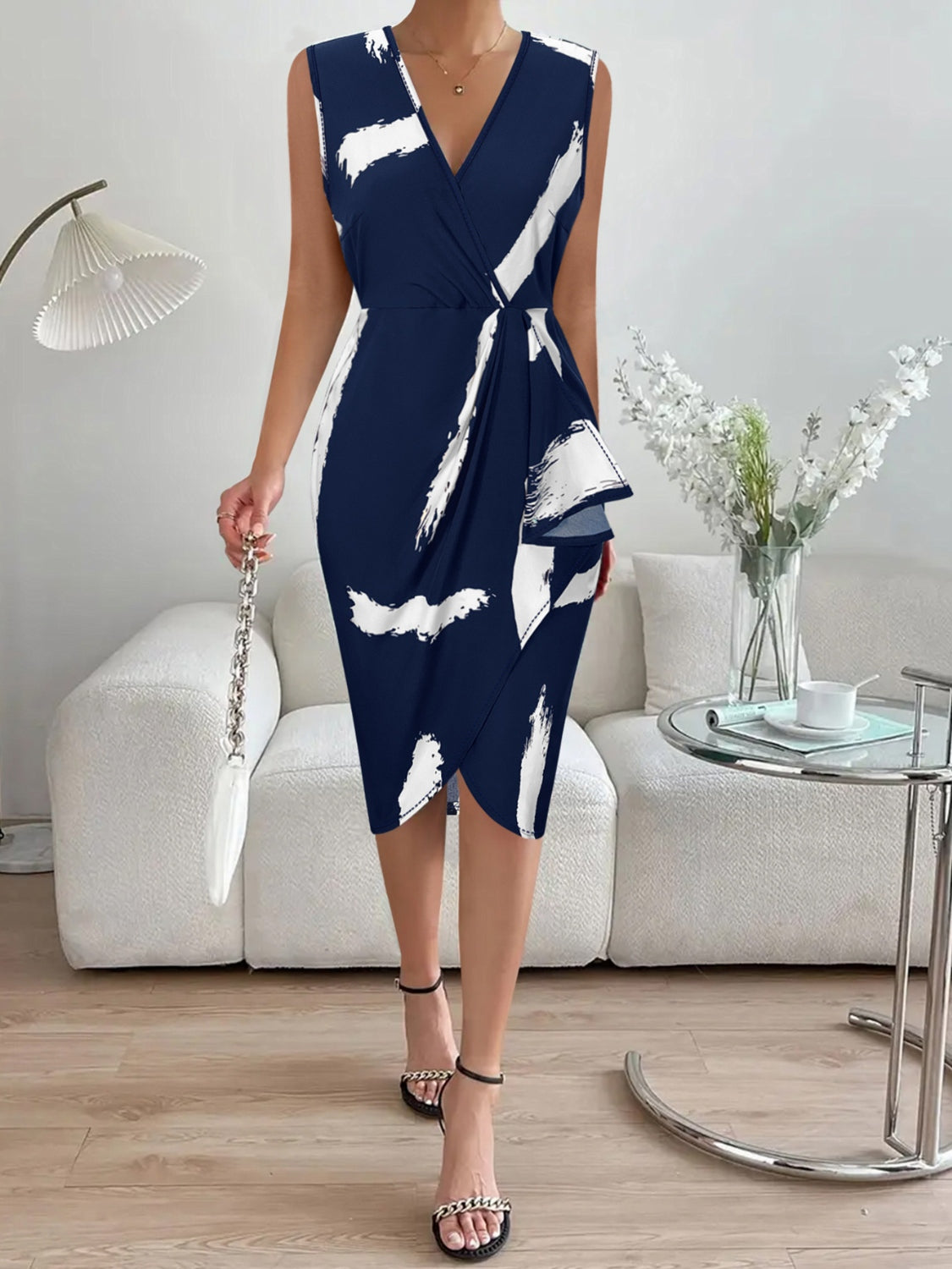 Blue Zone Planet | Printed Surplice Sleeveless Knee Length Dress-TOPS / DRESSES-[Adult]-[Female]-Dark Blue-S-2022 Online Blue Zone Planet