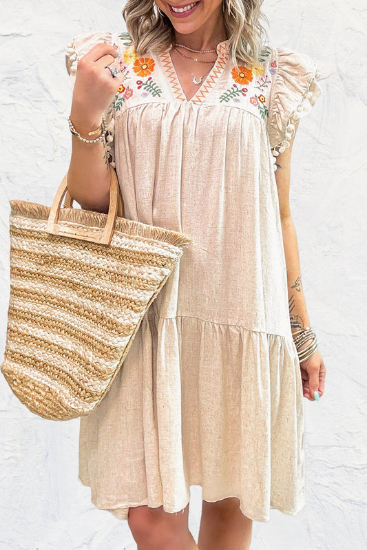 Jet Stream Linen Embroidery Split Neck Pom Pom Ruffle Sleeves Flowy Short Dress-Dresses/Mini Dresses-[Adult]-[Female]-Jet Stream-S-2022 Online Blue Zone Planet