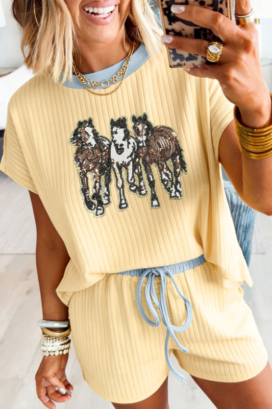Yellow Cream Ribbed Knit Two Piece Set Sequin Horse Patched Casual Short Set-Graphic/Graphic Sets-[Adult]-[Female]-Yellow Cream-S-2022 Online Blue Zone Planet