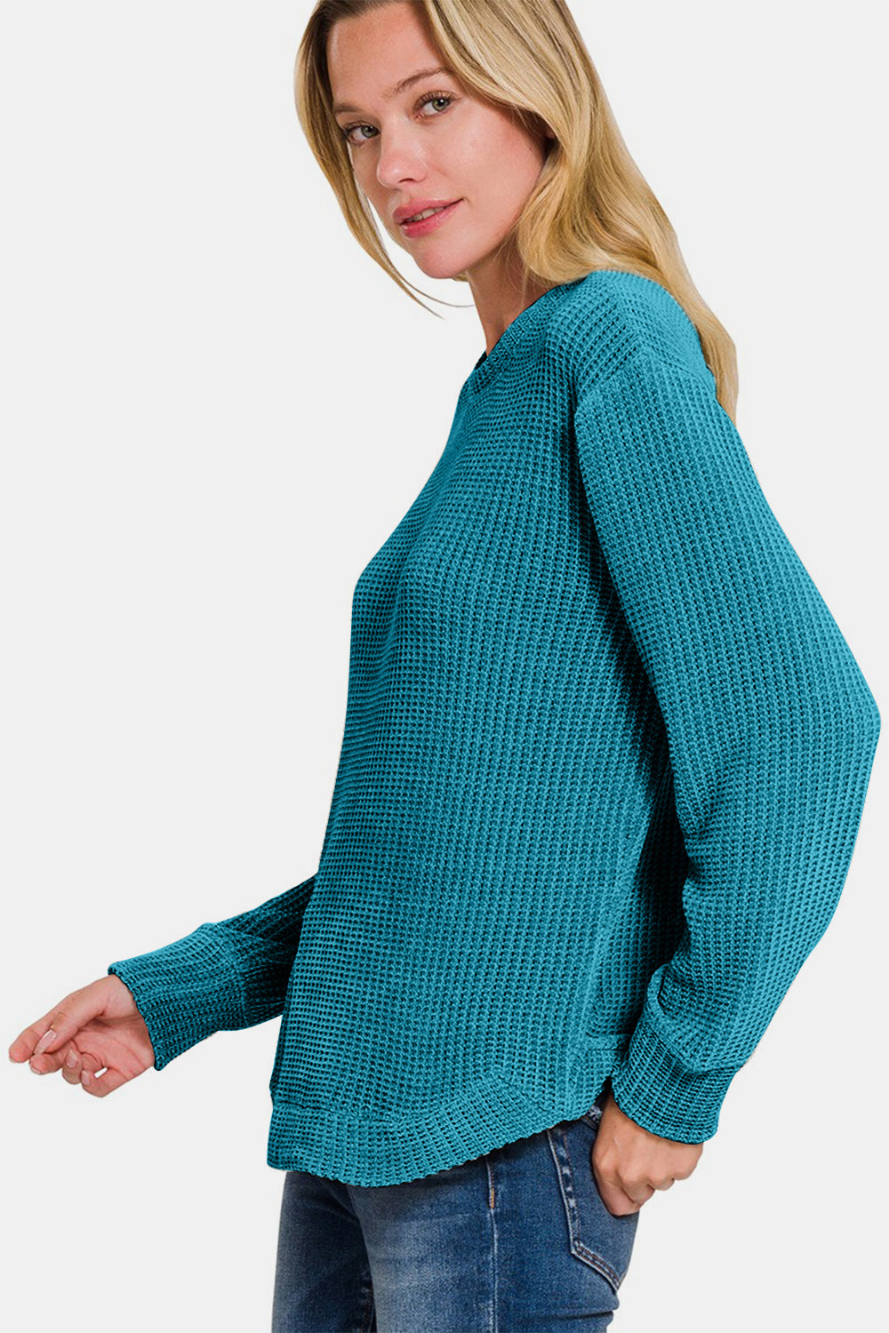 Zenana Chenille Waffle Round Neck Sweater-TOPS / DRESSES-[Adult]-[Female]-2022 Online Blue Zone Planet