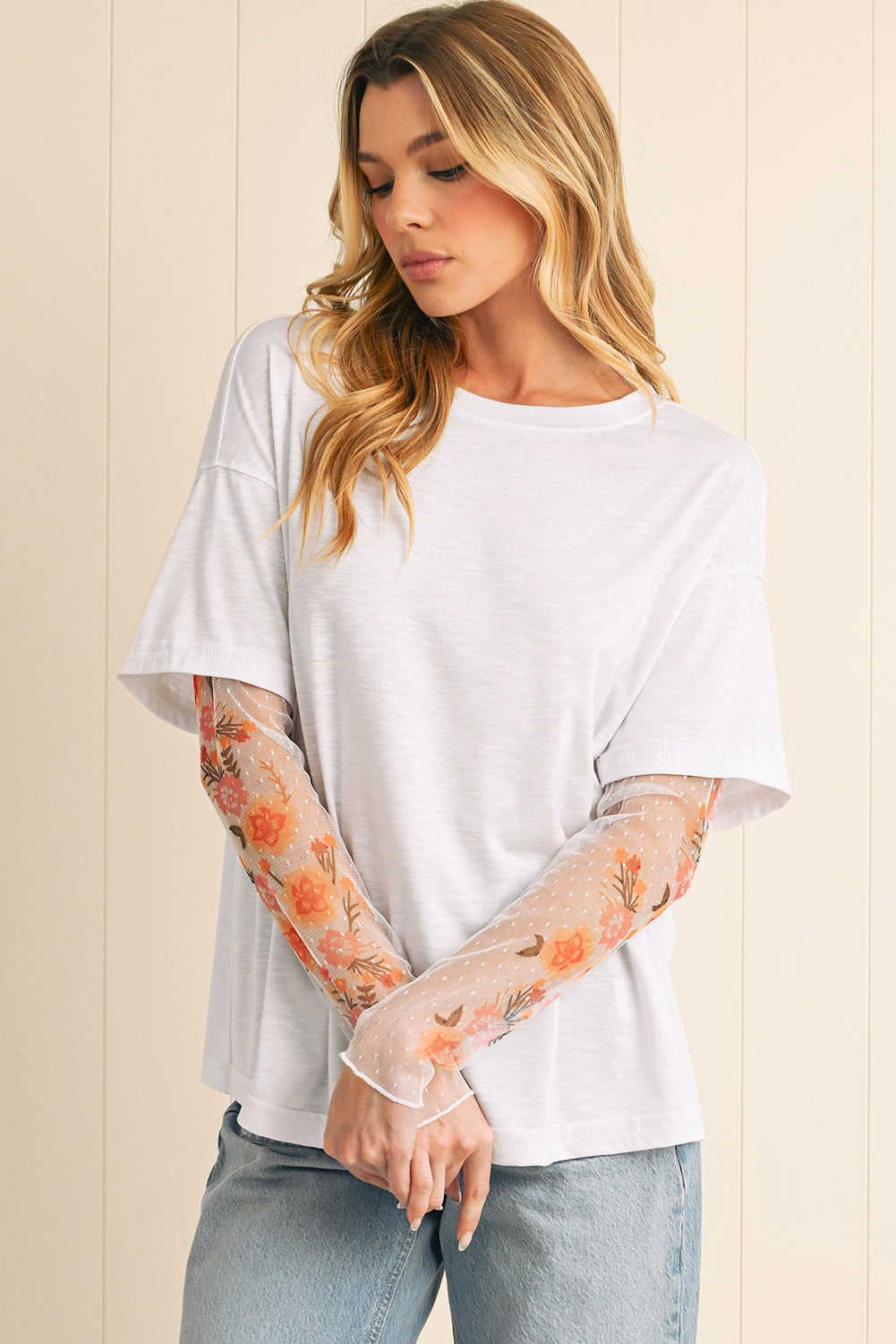 Black Floral Mesh Sleeve Fake Two-Piece Top-Long Sleeve Tops-[Adult]-[Female]-2022 Online Blue Zone Planet
