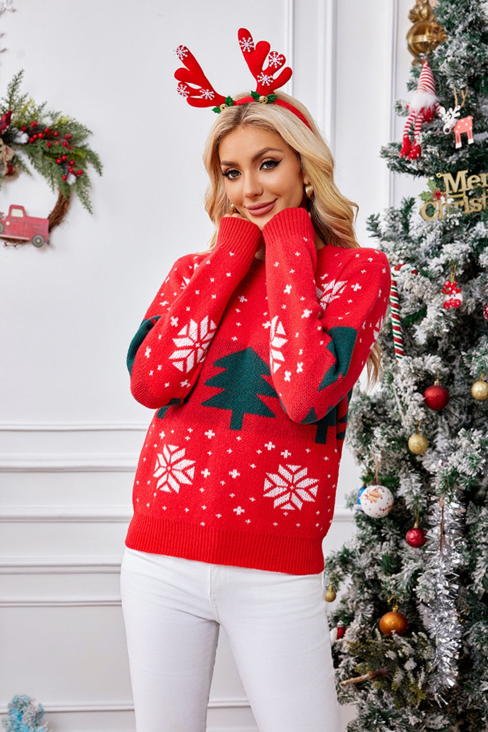 Christmas Tree Round Neck Long Sleeve Sweater-TOPS / DRESSES-[Adult]-[Female]-2022 Online Blue Zone Planet