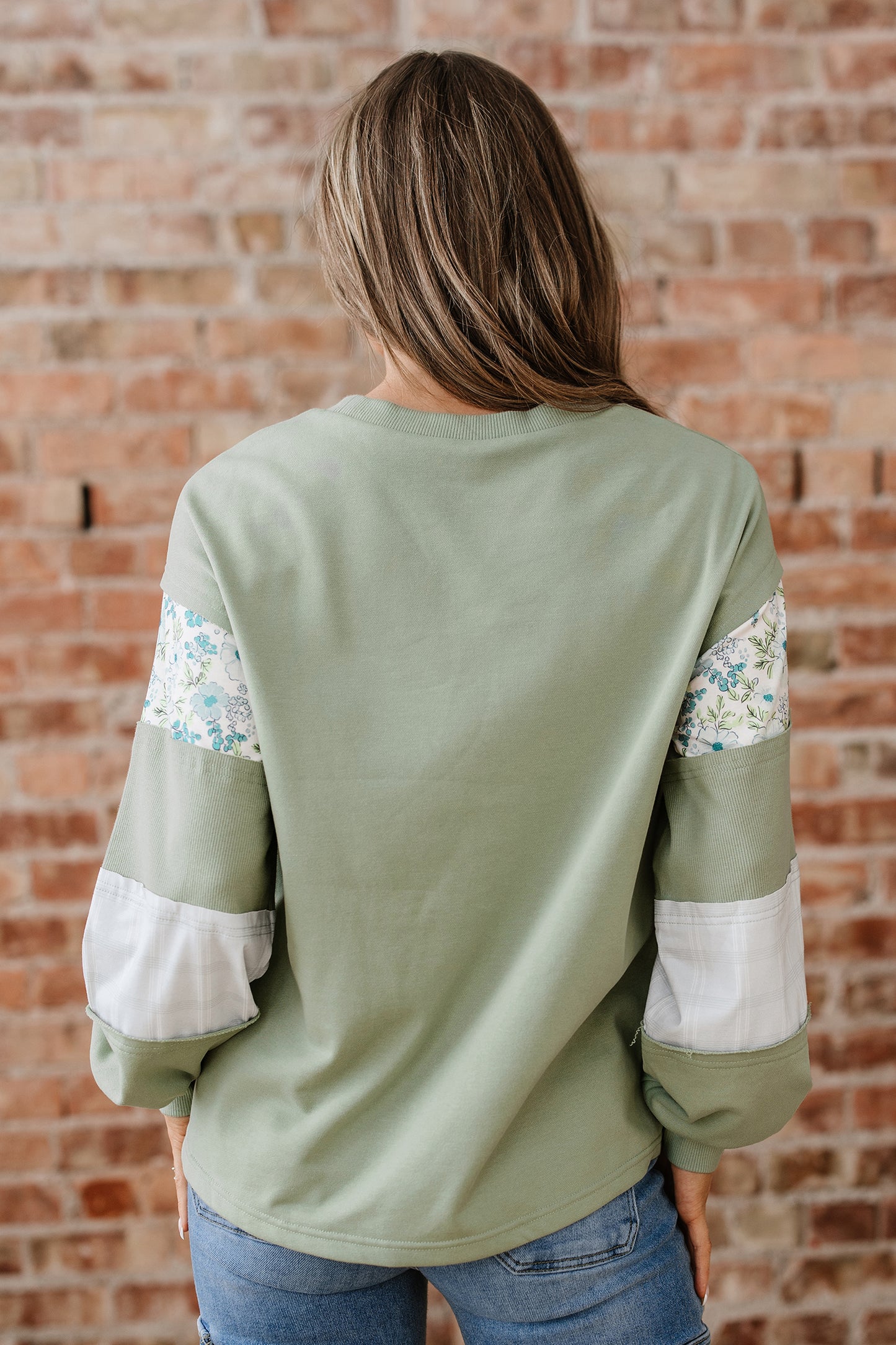 Laurel Green Floral Plaid Mixed Sleeve Raw Edge Relaxed French Terry Top-Tops/Long Sleeve Tops-[Adult]-[Female]-2022 Online Blue Zone Planet