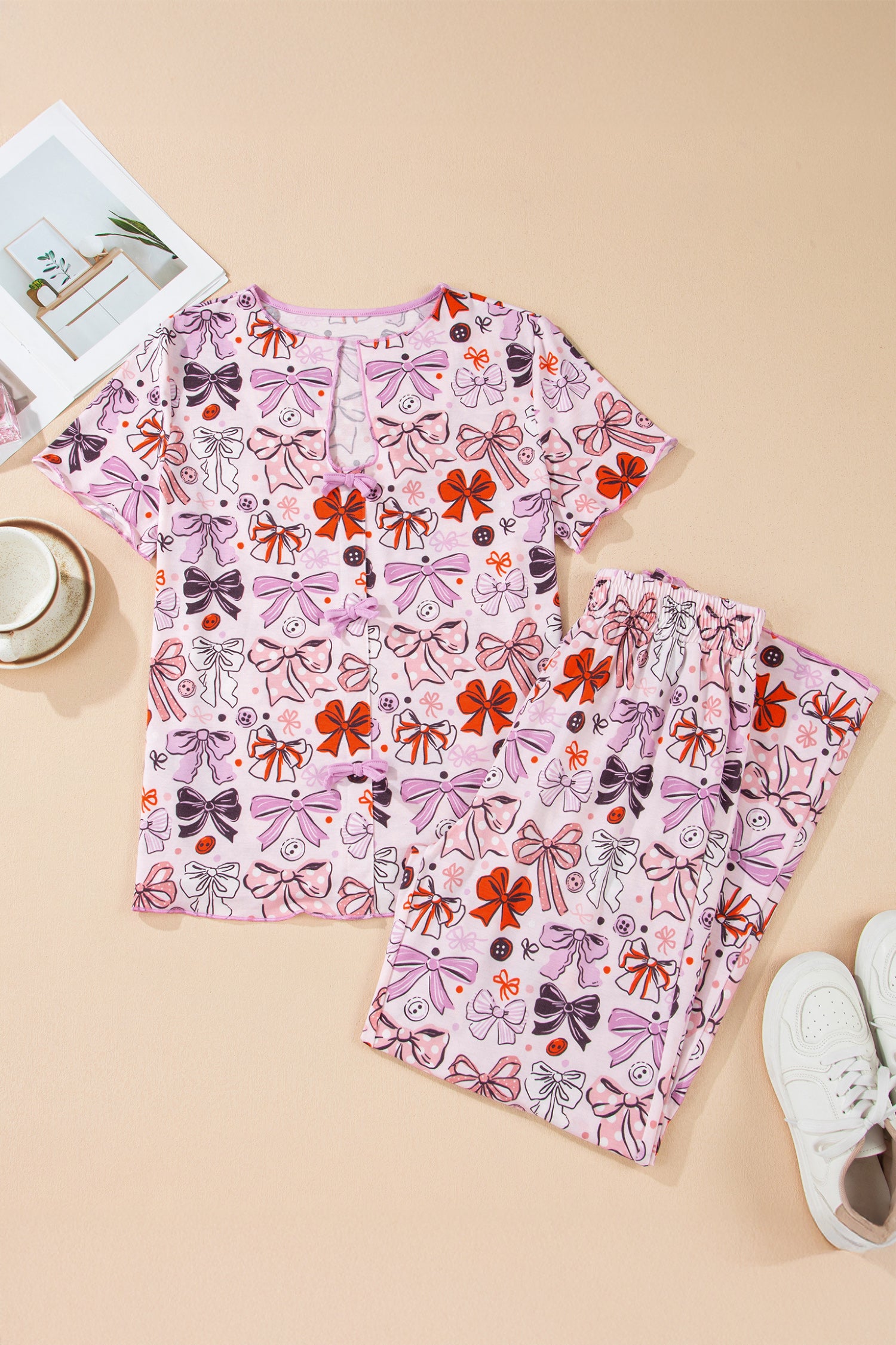 Pink Diverse Bows Buttons Printed Contrast Trim Short Sleeve Shirt Pajama Pant Set-Loungewear & Sleepwear/Sleepwear-[Adult]-[Female]-2022 Online Blue Zone Planet