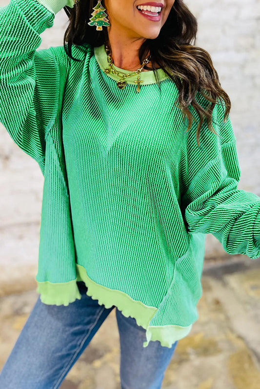 Bright Green Twisted Rib Uneven Hem Drop Shoulder Loose Knit Top-Tops/Long Sleeve Tops-[Adult]-[Female]-Bright Green-S-2022 Online Blue Zone Planet