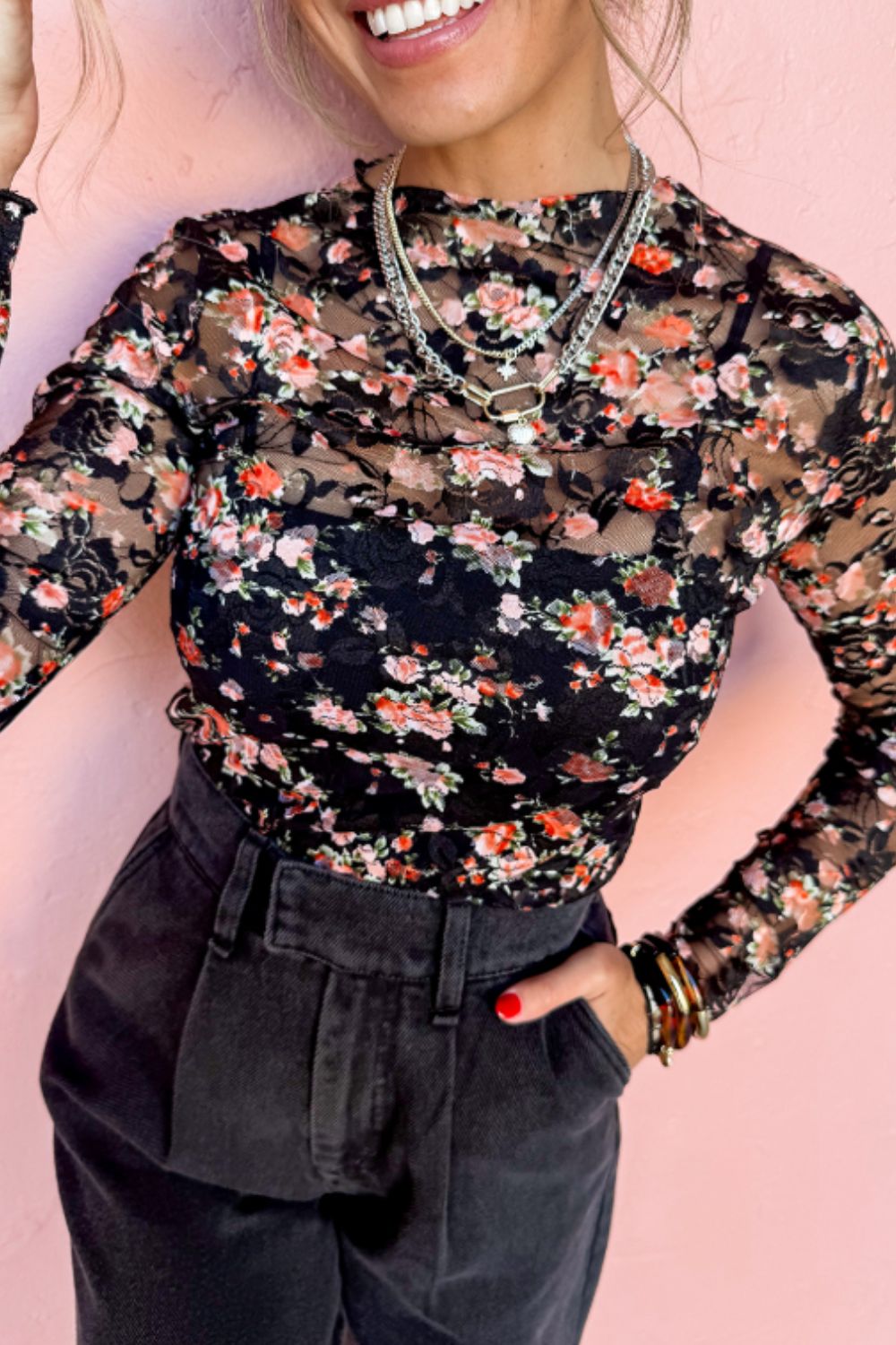 Floral Round Neck Long Sleeve Blouse-TOPS / DRESSES-[Adult]-[Female]-2022 Online Blue Zone Planet