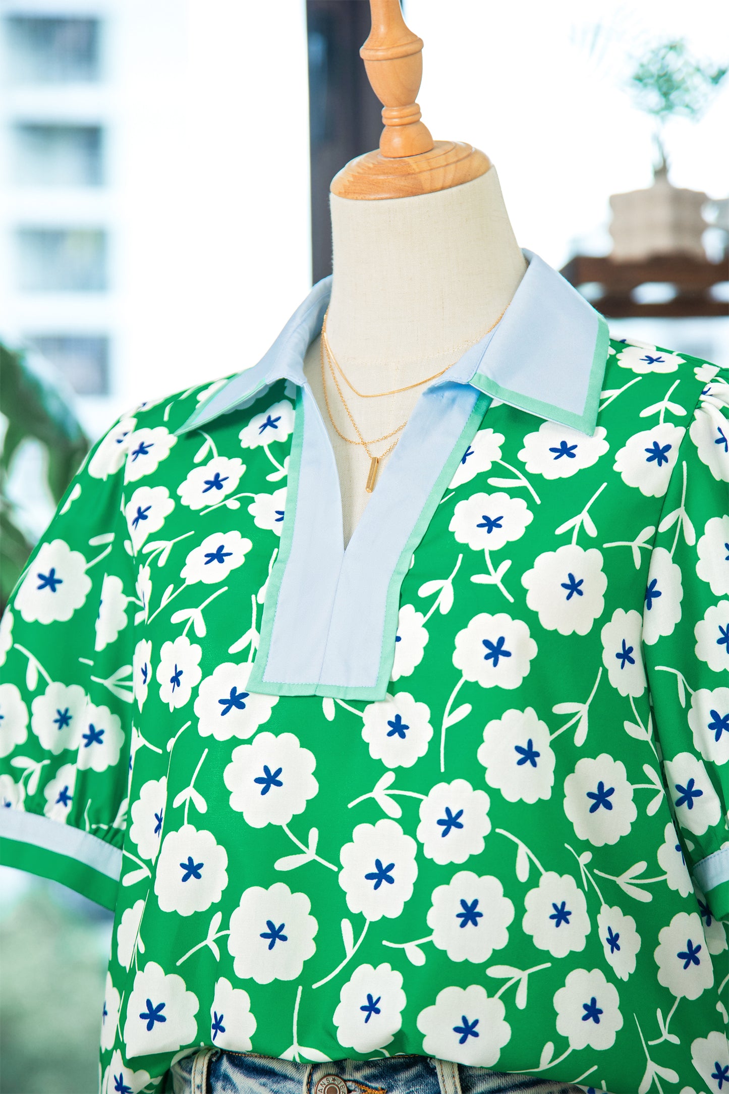 Green Flower Printed Contrast Patchwork Collar Short Sleeve Blouse-Tops/Blouses & Shirts-[Adult]-[Female]-2022 Online Blue Zone Planet