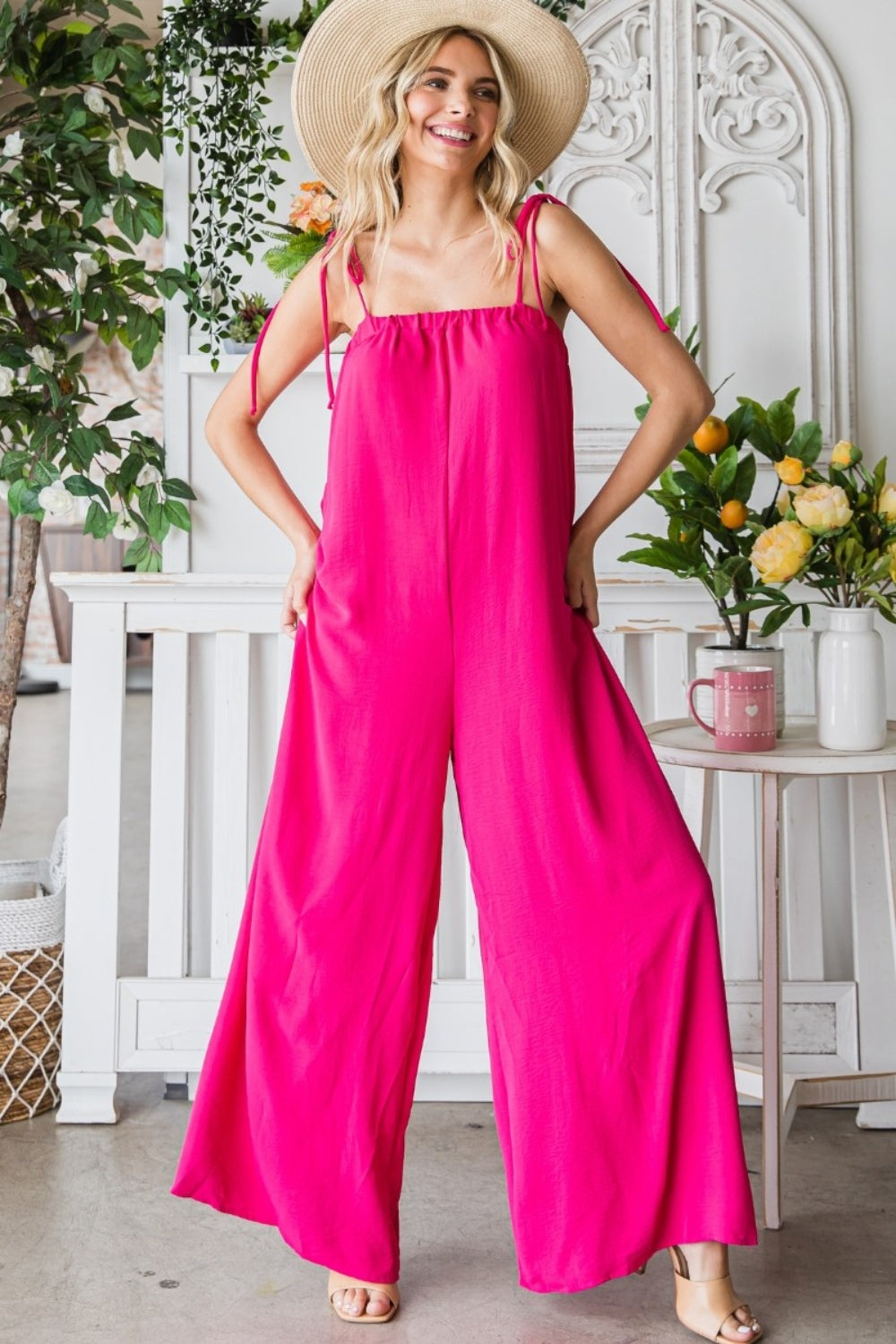 Veveret Pocketed Spaghetti Strap Wide Leg Jumpsuit-TOPS / DRESSES-[Adult]-[Female]-FUCHSIA-S-2022 Online Blue Zone Planet