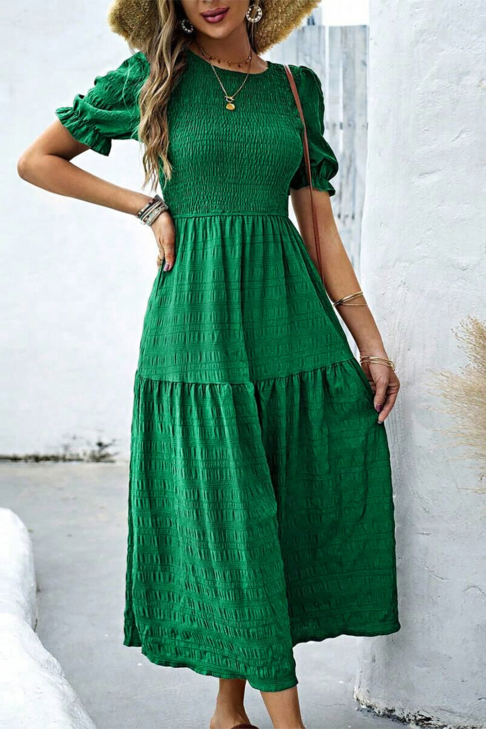 Dark Green Solid Textured Smocked Puff Short Sleeve High Waist Long Dress-TOPS / DRESSES-[Adult]-[Female]-2022 Online Blue Zone Planet