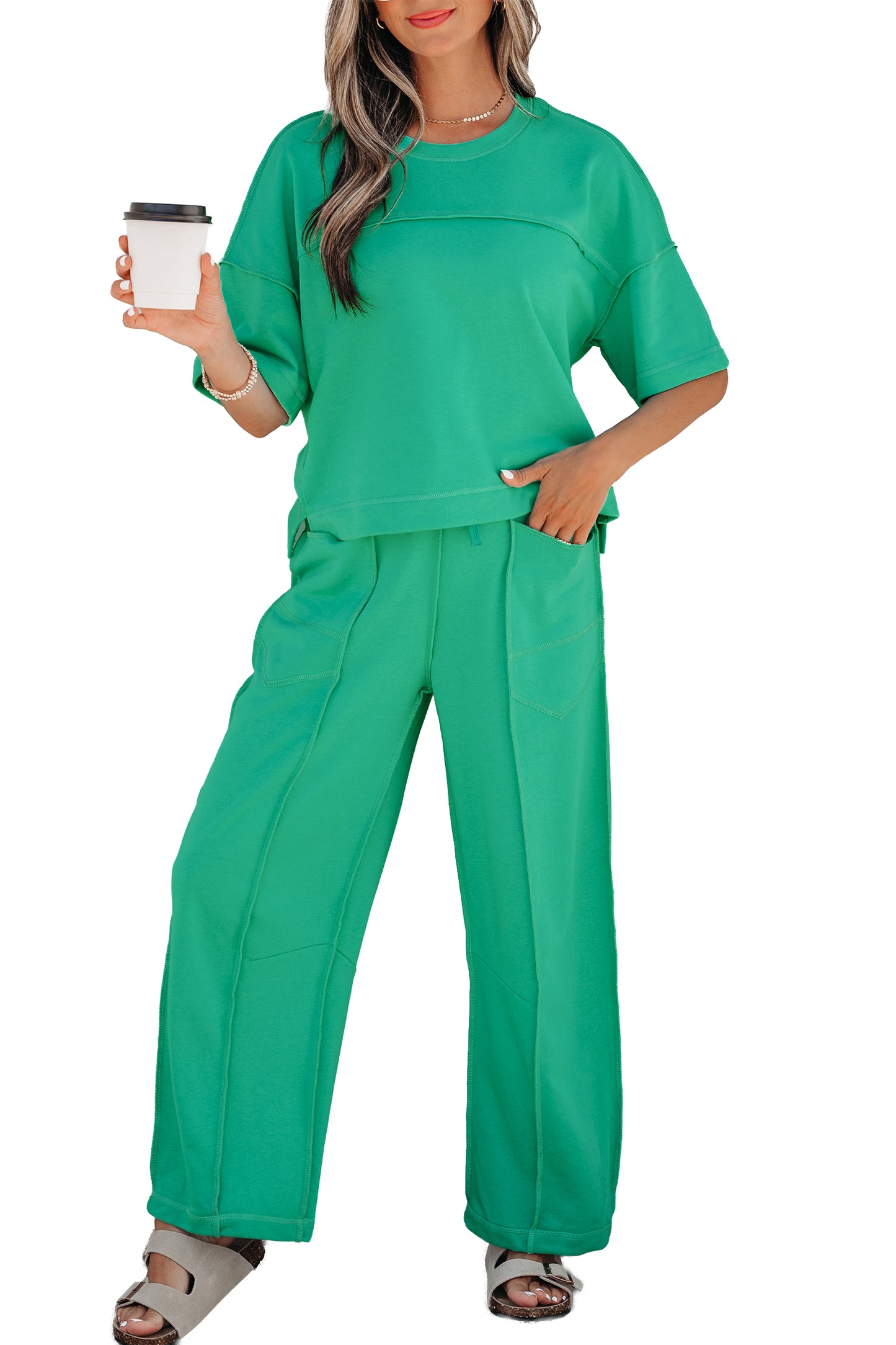 Sky Blue Drop Shoulder Boxy Tee and Barrel Pants Set-Two Piece Sets/Pant Sets-[Adult]-[Female]-2022 Online Blue Zone Planet
