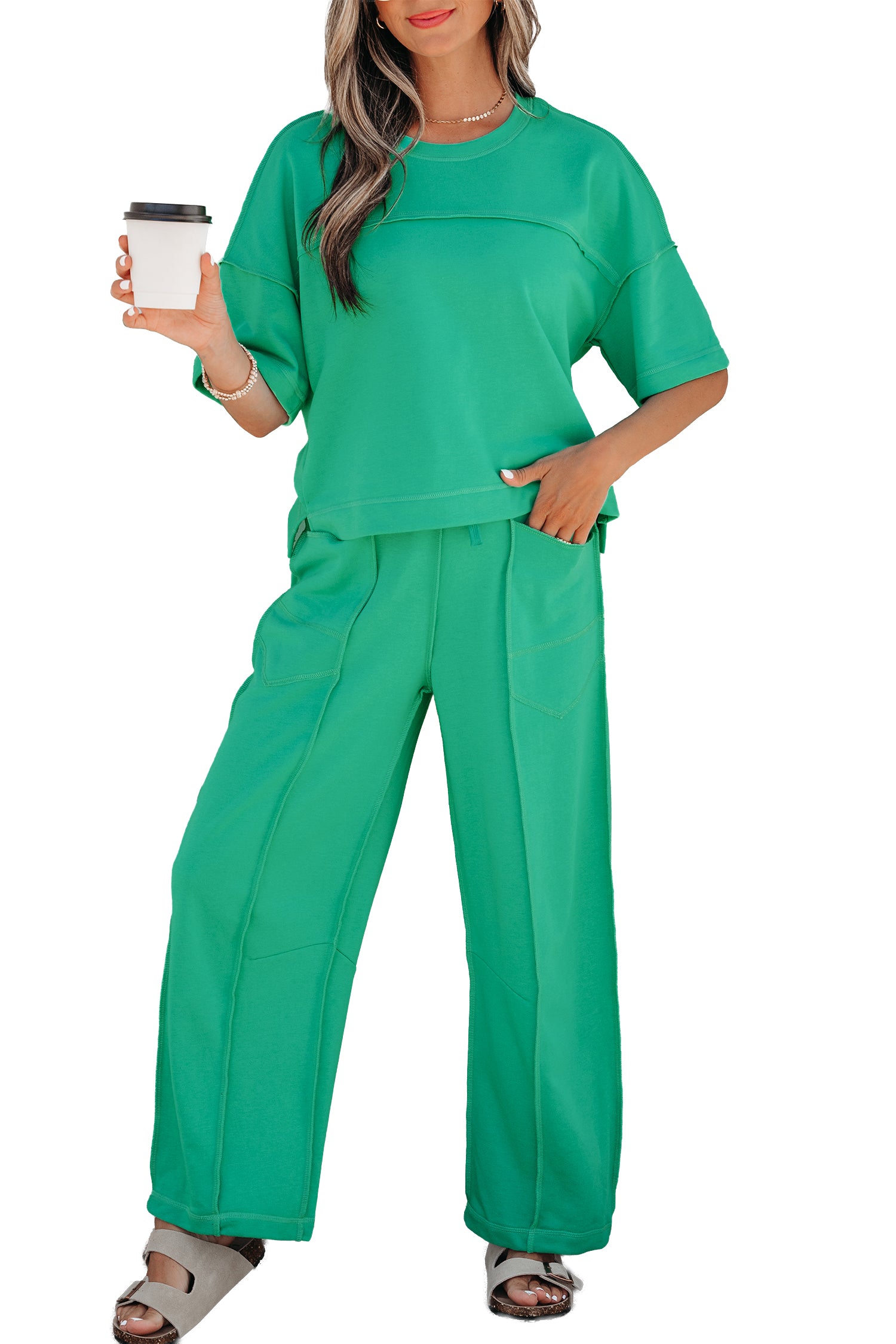 Sky Blue Drop Shoulder Boxy Tee and Barrel Pants Set-Two Piece Sets/Pant Sets-[Adult]-[Female]-2022 Online Blue Zone Planet