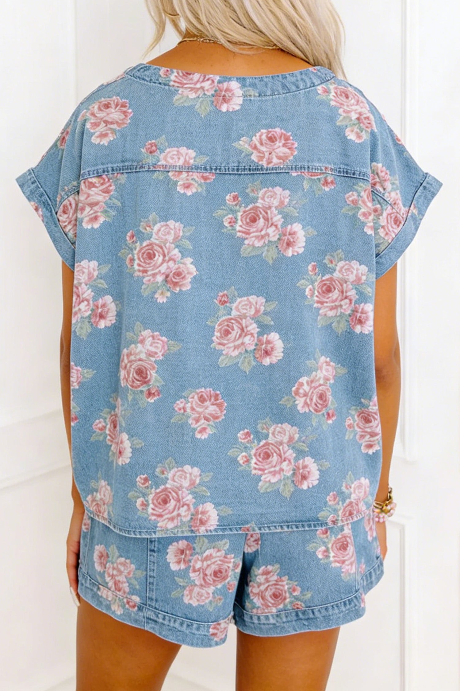 Sky Blue Floral Denim Short Sleeve Top Loose Shorts 2pcs Set-Two Piece Sets/Short Sets-[Adult]-[Female]-2022 Online Blue Zone Planet
